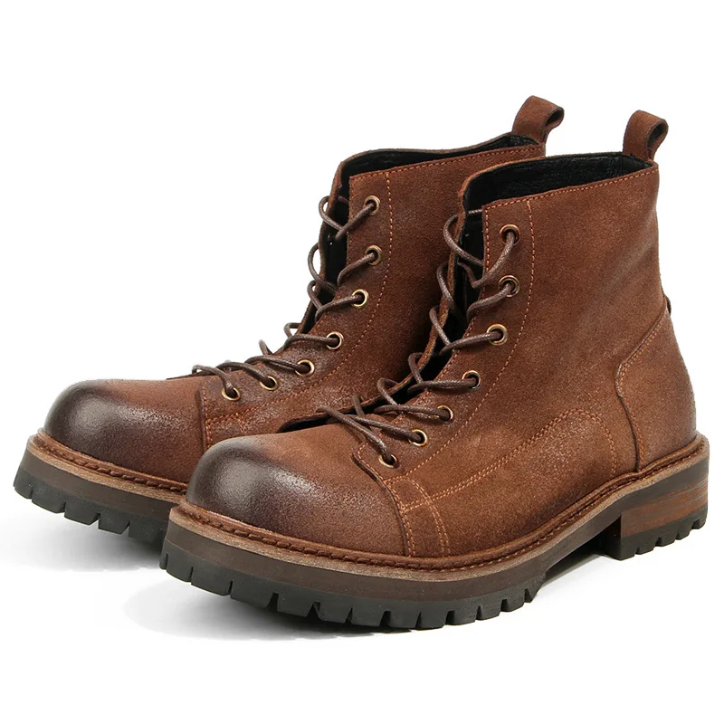 New Handmade Vintage Birtish Men Cow Suede Leather Shoes Autumn Winter High Quality Tooling Ankle Boots Outdoor Motorcycle Boots
