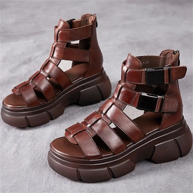 Handmade Genuine PU Leather Retro Shoes Women Sandals 2023 New Ankle Boots Summer Handmade Hollow-out Casual Platform Sandals