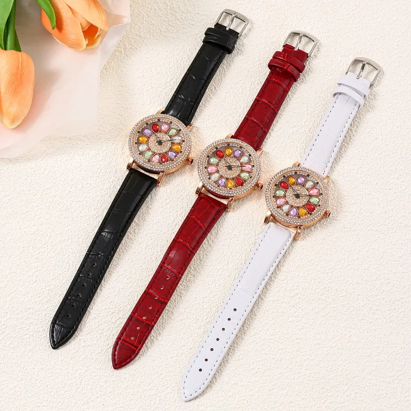 

Новые винтажные вращающиеся кварцевые кожаные женские часы, роскошные золотые круглые циферблаты со стразами, женские часы в подарок