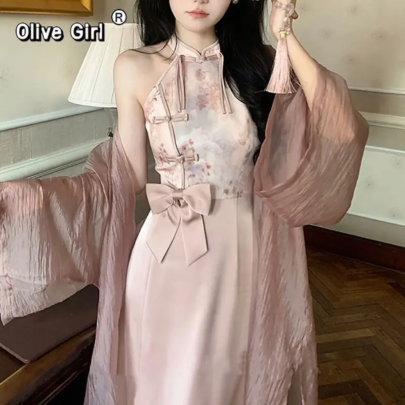

Retro Women's Dress Neck Hanging Cheongsam Dress Qipao Printed Bow Tie Outerwear Cardigan Camisole Traditional Chinese Clothing