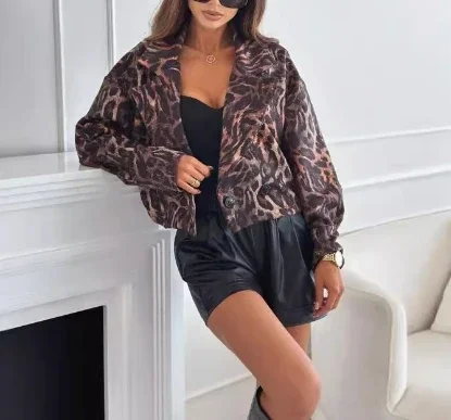 Leopard Printed Wool Coat for Women 2024 Autumn Winter Versatile Long Sleeved Short Turn-Down Collar Short Coats Suit Jacket