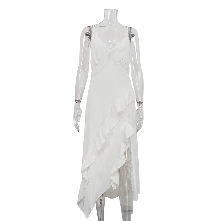 

Сексуальное женское платье с кружевным шлейфом и асимметричным платьем из полиэстера на бретельках для летнего путешествия