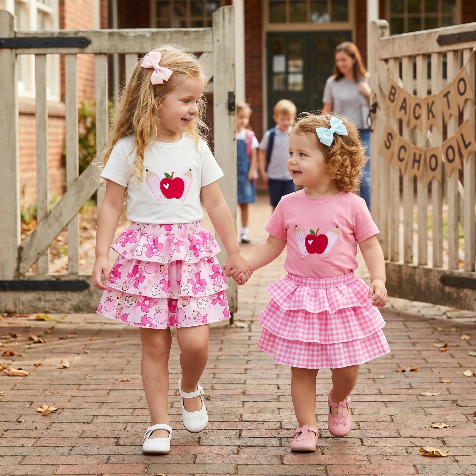 Girl Back to School Outfit Pencil Apple Embroidery Short Sleeve Tops Tiered A-line Skirt Set