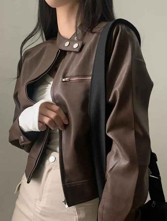 

Осенняя новая повседневная женская кожаная куртка на молнии с длинными рукавами для отпуска, красивая облегающая мотоциклетная куртка с круглым вырезом