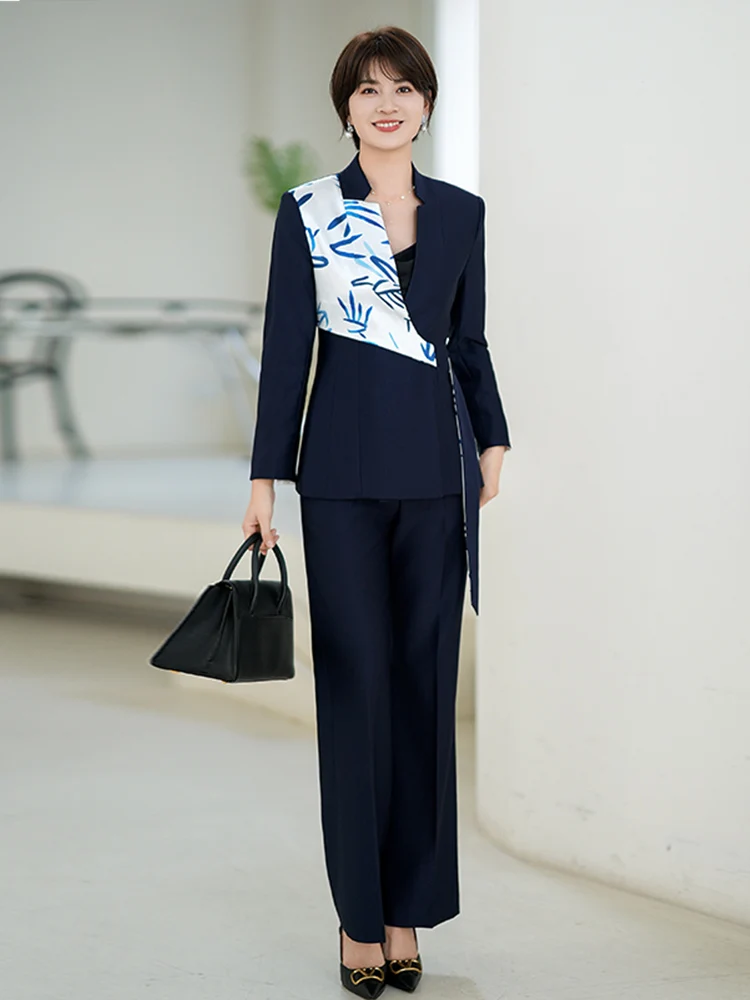 

Новый женский костюм 2023 года в китайском стиле, цвет синий, профессиональный комплект с длинными рукавами и брюками, из полиэстера, вискозы и спандекса