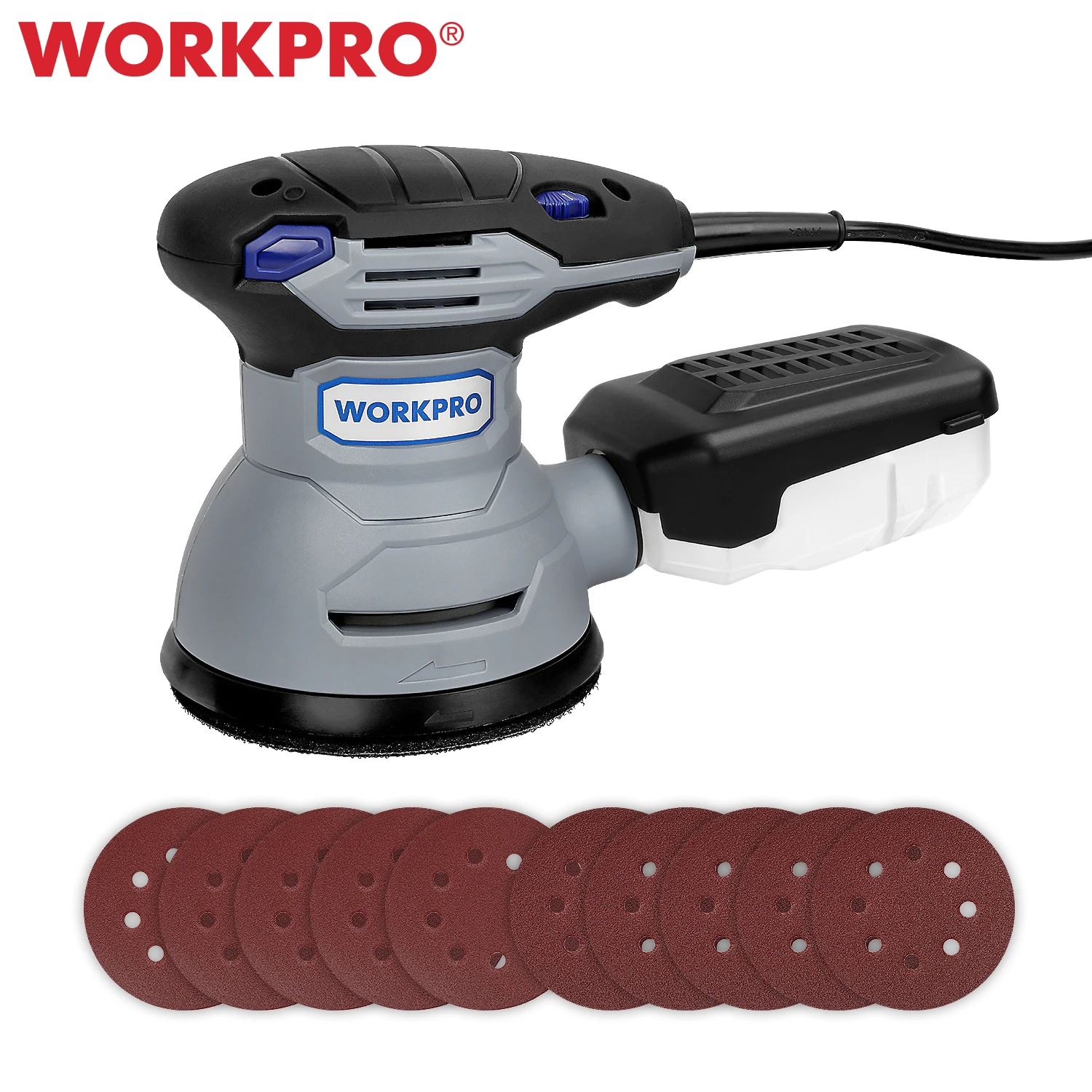 WORKPRO 300W Random Orbital Electric Sander Machine with 10Pcs 125mm Sandpapers 220-240V Strong Dust Collection Polisher