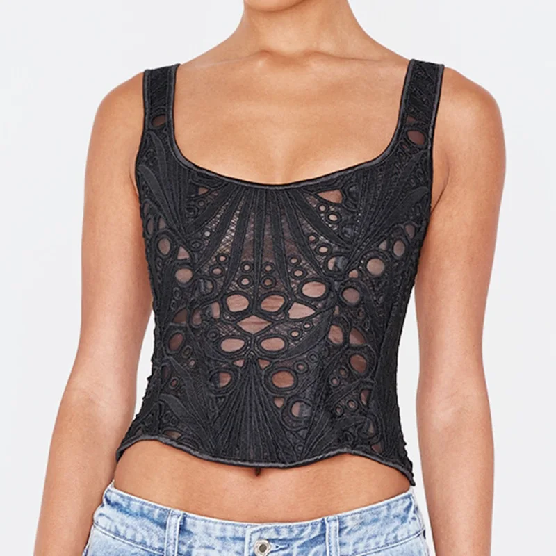 

Hollow Out Corset Women Irregular Mesh Breathable Shapping Vest Zipper Camisole Sexy Tank Tops Summer Slim Bustier Lace Crop Top