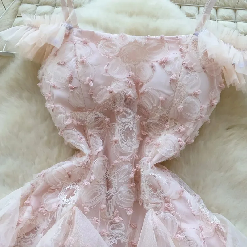 Elegant Mesh Vintage Sleeveless Chic Embroidered Floral Slim A-line Ball Gown Dress French Sweet Streetwear High Street Clothing