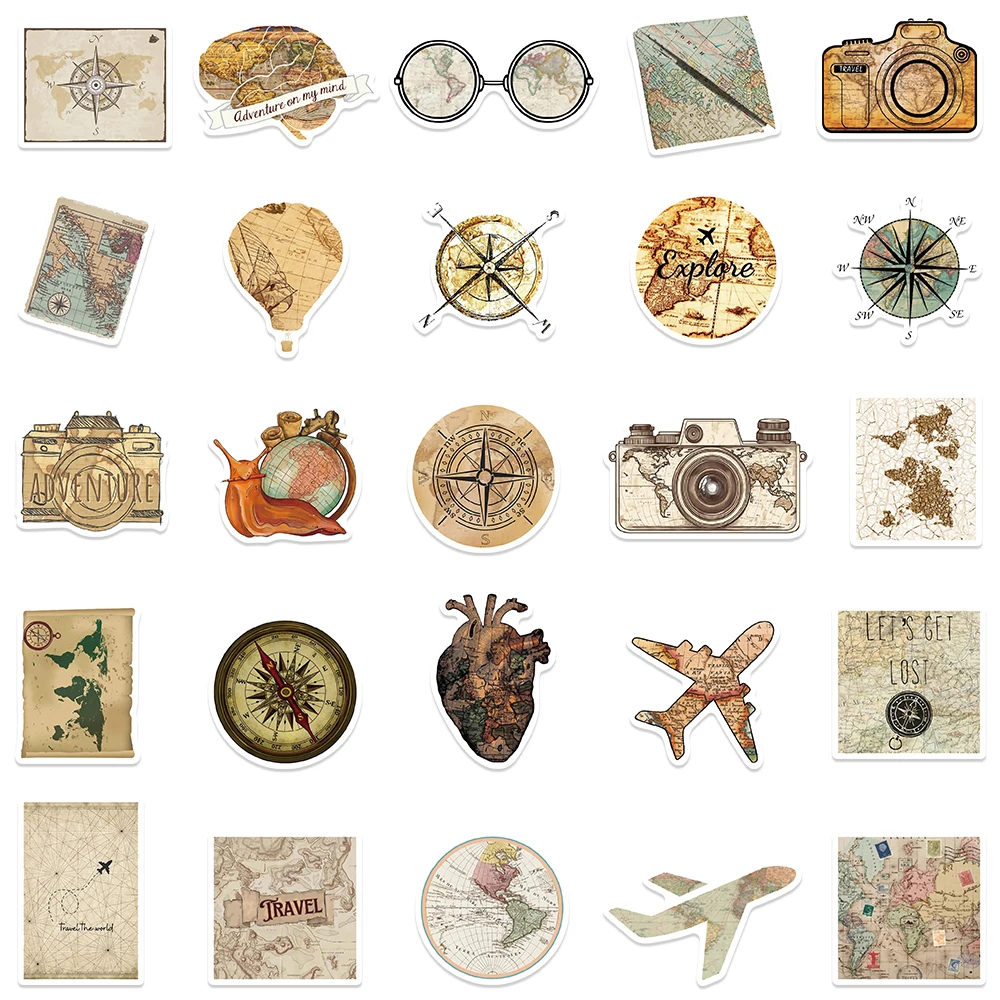 50 stks Retro Esthetische Reiskaart Toeristische Stickers Voor Bagage Laptop Gitaar Telefoon Fiets Auto Waterdichte Graffiti Vinyl Decals
