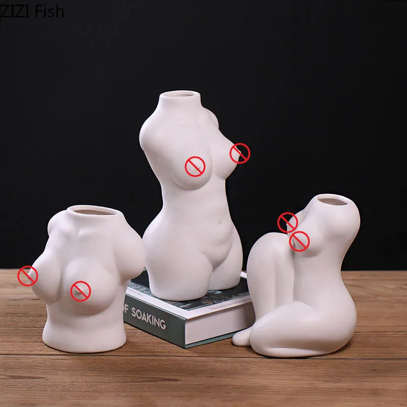 European White Vase Human Body Chest Ceramic Vases Nude Figures Bust Plant Pots Decorative Flower Arrangement Desk Decoration