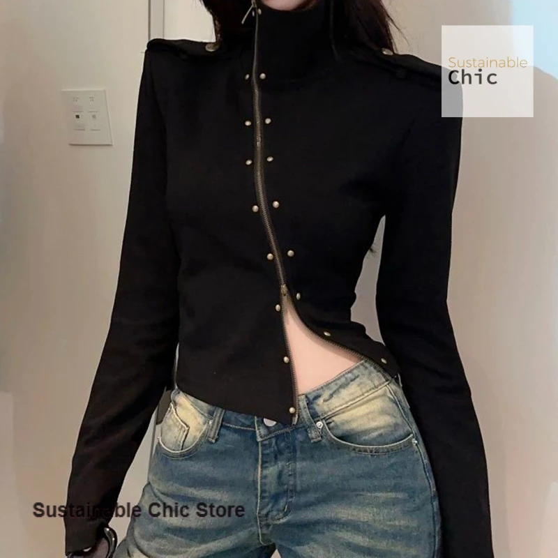 سترة صوفية قصيرة مزدوجة بتصميم أمريكي بأكمام طويلة وسحاب سترة نسائية للخريف والشتاء بنصف رقبة عالية #5