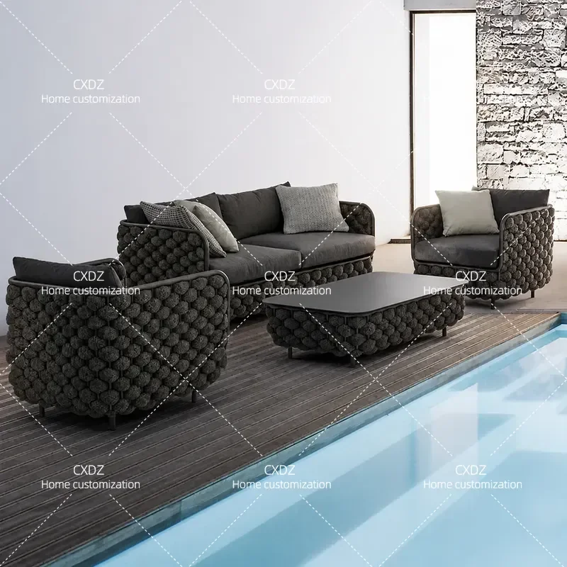 Outdoor Rattan Sofa Set 3 Piece Waterproof Patio Furniture with Coffee Table for Terrace Courtyard Garden Indoor Outdoor Use
