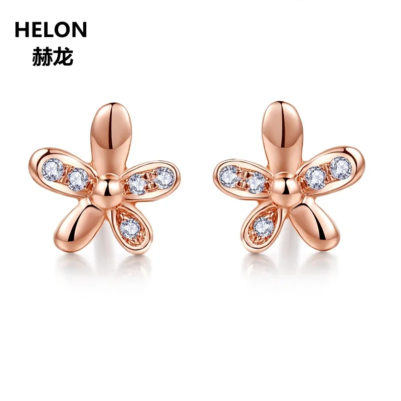 Solid 14k Rose Gold Natural Diamonds Stud Earrings for Women Engagement Wedding Fine Jewelry Flower