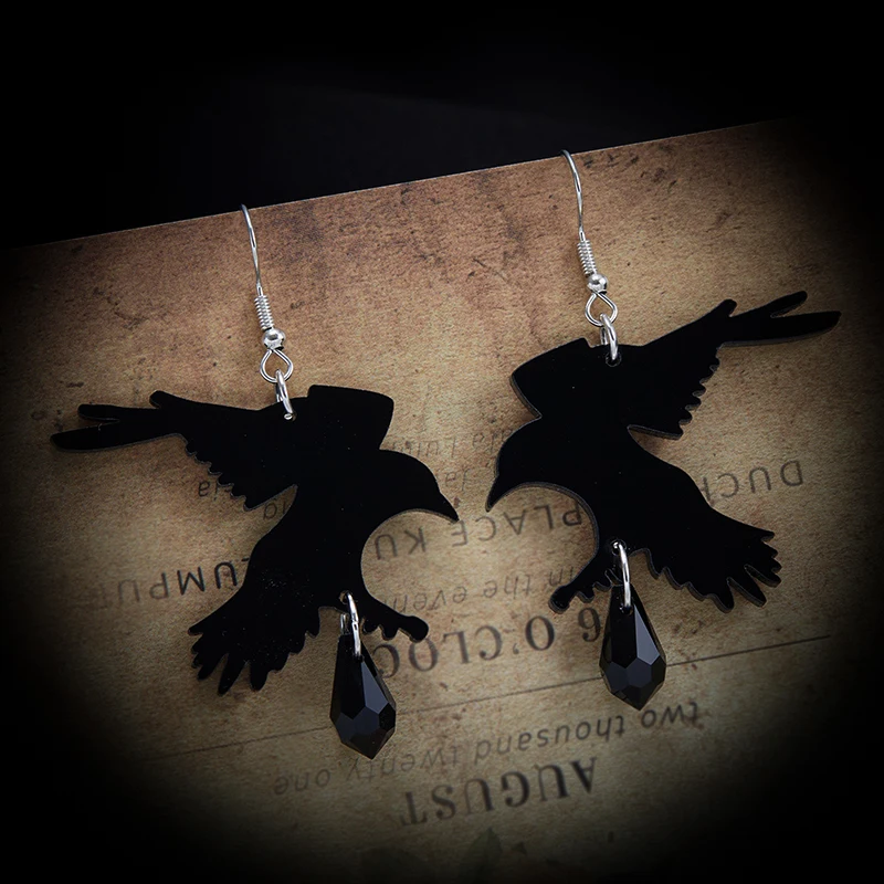 Gothic Black Romantic Crow Dangle Drop Earrings for Women Dark Halloween Jewelry Cool Fashion Accessories
