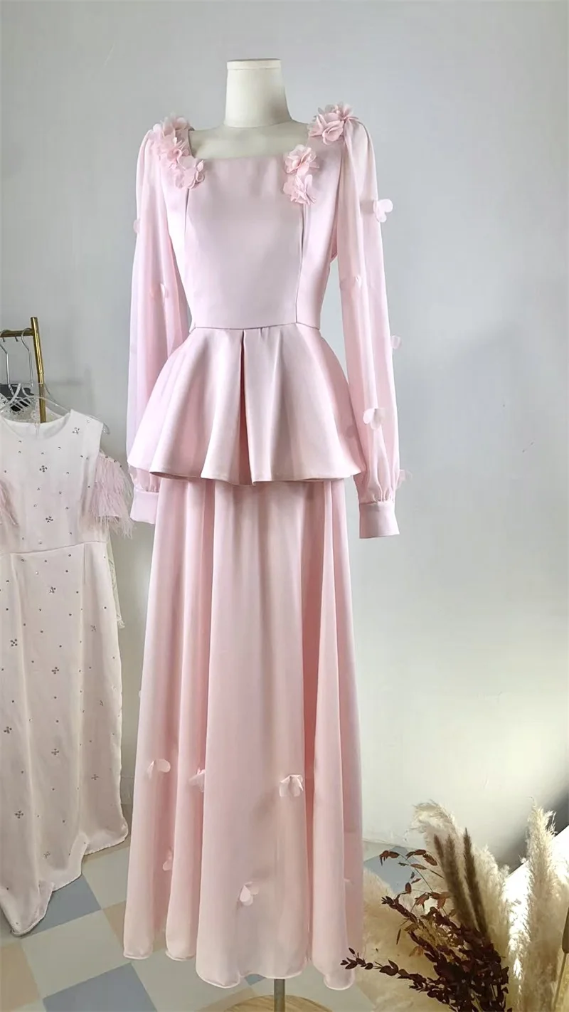 Arabia Prom Dress 2 Pcs Women Suit Skirt Set Blazer+Long Robes Full Sleeve 3D Flower Formal Pageant Party Wedding Evening Gown