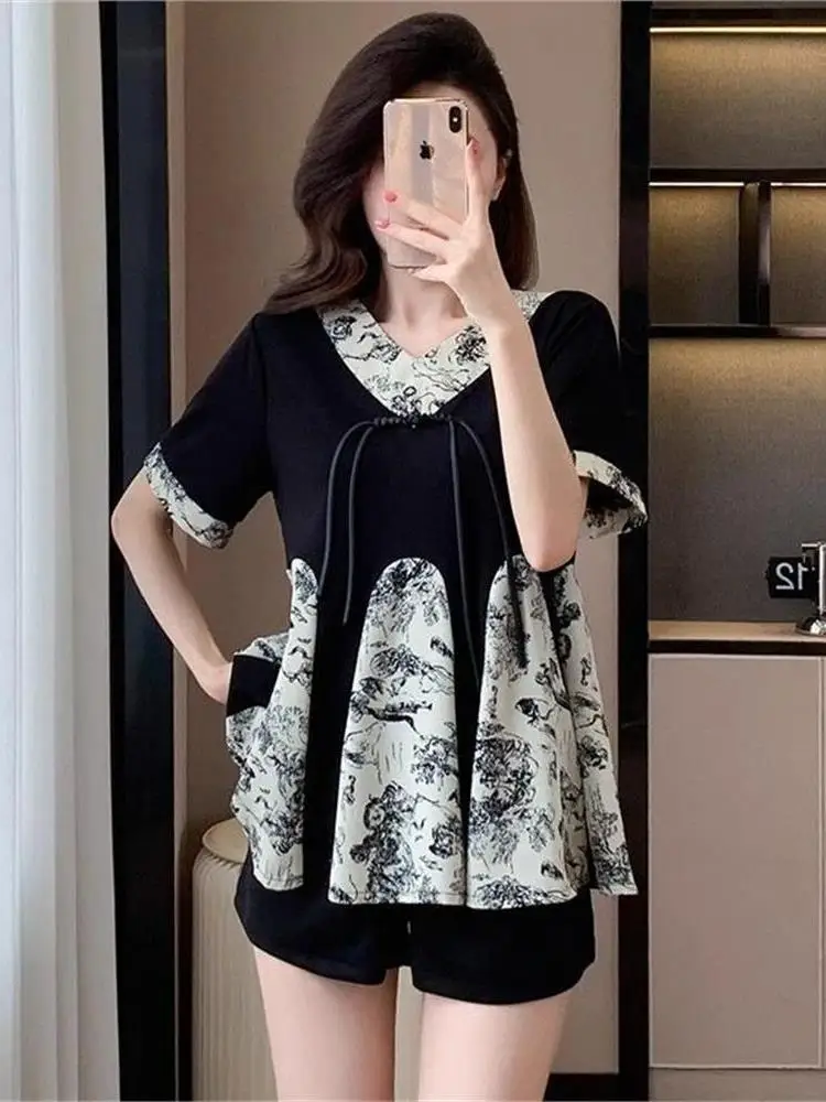 New Chinese Style Short Sleeve Water-Media Shirt Women's Fashion Summer New Belly Covering Tunic Top V-Neck Grafting Button