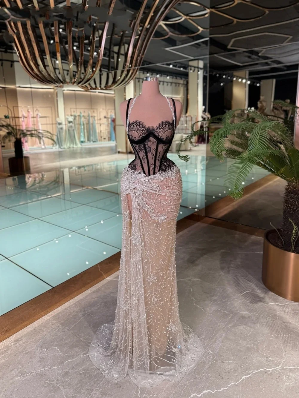 Sexy cintas de espaguete rendas vestidos de noite ilusão sem mangas lantejoulas sereia vestido de baile personalizado fenda lateral vestido de festa