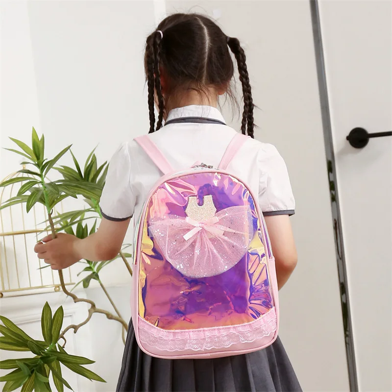 

PU leather ballet dance waterproof backpack, large-capacity laser bow Kawaii girls and children's dance bag