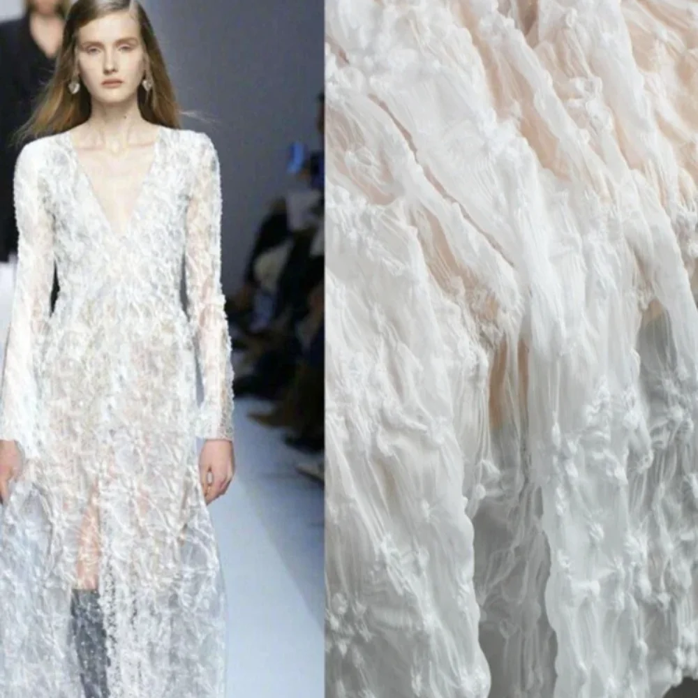 

Белая плиссированная вышитая ткань, полупрозрачный белый шифон, пышная юбка, высококачественные дизайнерские ткани для пошива одежды своими руками