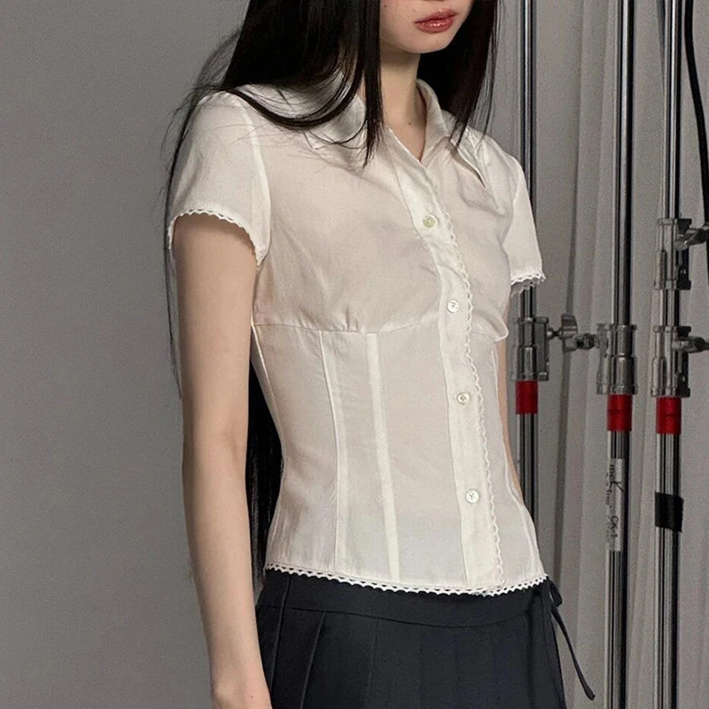 MEXZT Y2K White Shirts Women Harajuku Jk Lace Short Sleeve Blouses Summer Preppy Kawaii Korean Fashion Basic Slim Chic Tops New