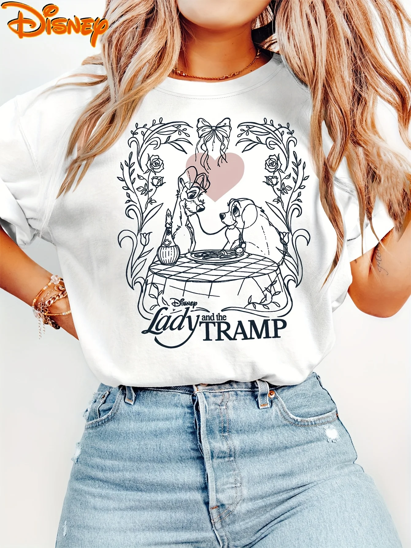 

Disney Ladies & Tramp loral Hearts T Shirt Vintage Women's Men Cotton Tee Short Sleeve O-Neck Casual Trendy Oversize Streetwear