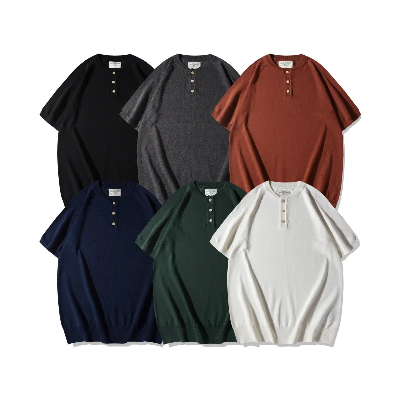 New American Retro Workwear Shirt, Basic, Heavyweight, Thick Knit, Henry Collar T-shirt