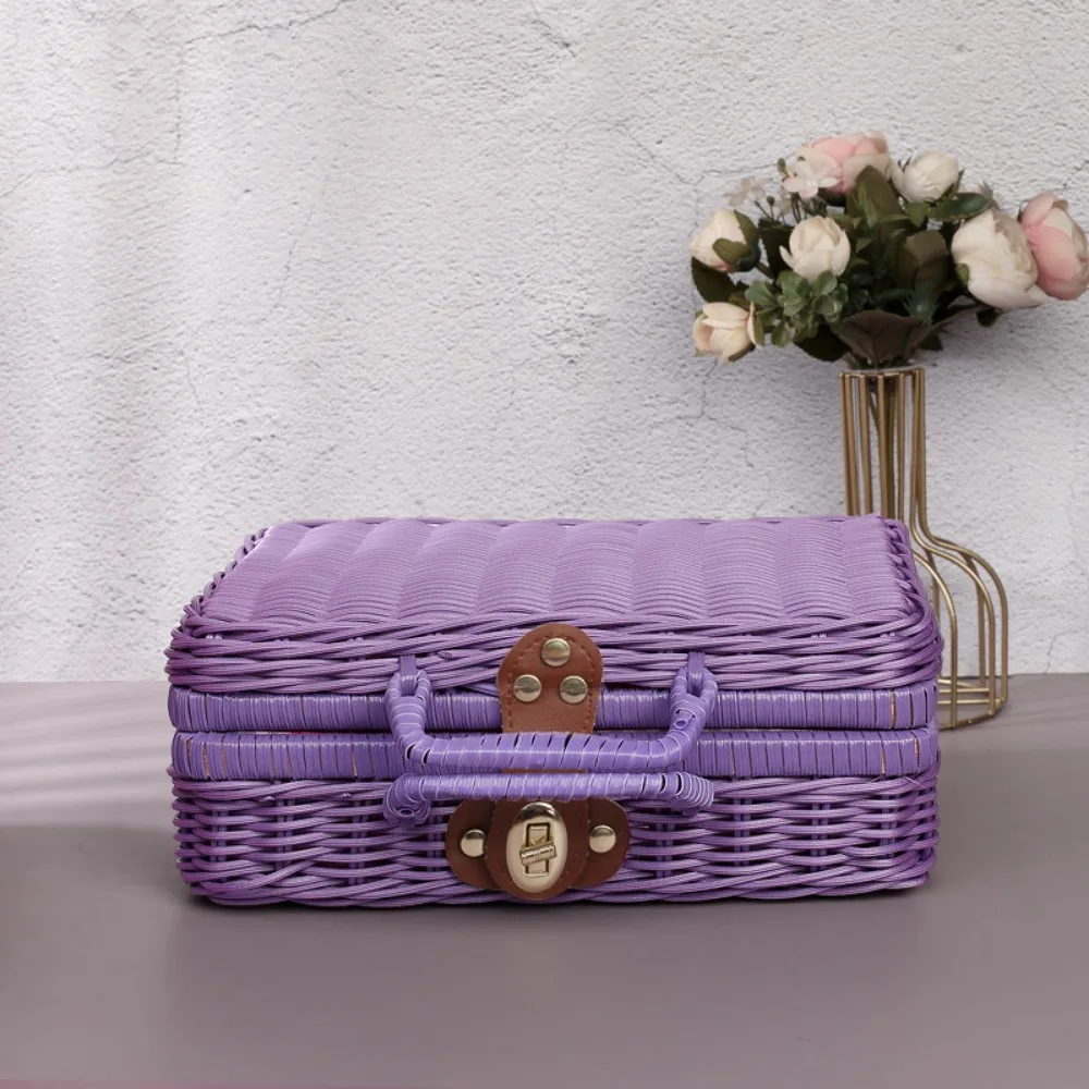 

Multifunction Simulation Weave Rattan Storage Box Household Retro Wedding Suitcase ‘ with Handle Picnic Woven Baskets Makeup