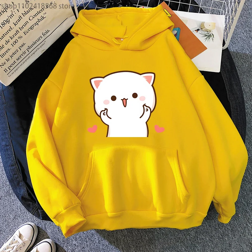 Hoodie kucing Mochi dan Goma lucu Sweatshirt gambar kartun wanita atasan Harajuku wanita Pullover lucu Peach dan Goma