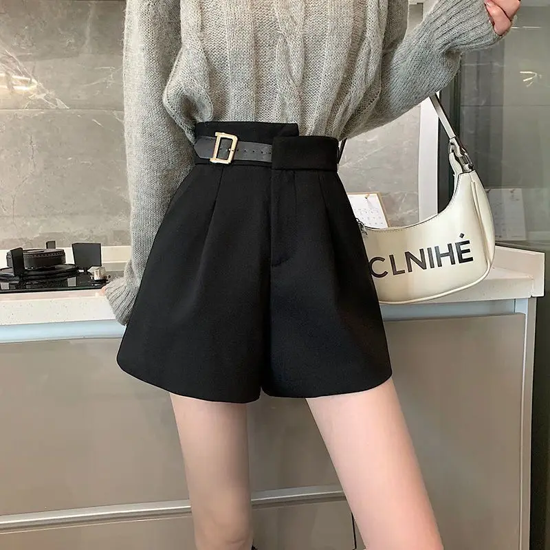 Shorts feminino alto streetwear estilo elegante botão bolso zíper voar perna larga solto ajuste chique senhora do escritório urbano commuter alfaiataria