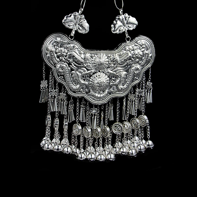 

Chinese Longevity Lock Charm Hmong Jewelry Necklace Dragon Miao Silver Pendant Ornaments Dance Props Decor Festival Accessories