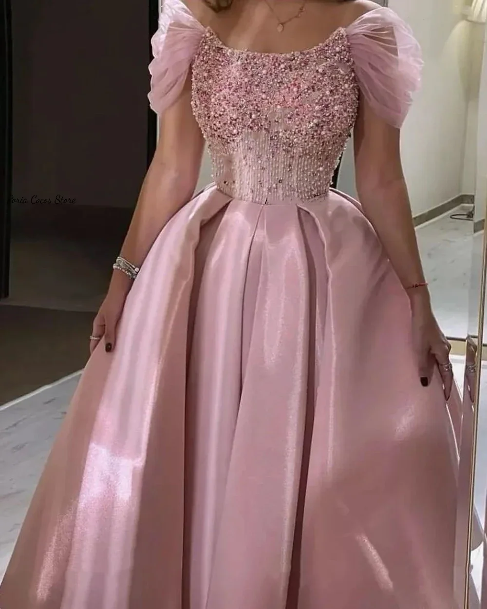 Luxury Sweetheart Pink Ball Dress A-line Off Shoulder Pearl Bead Party Dress Sparkling Formal Women's Evening Dress Custom