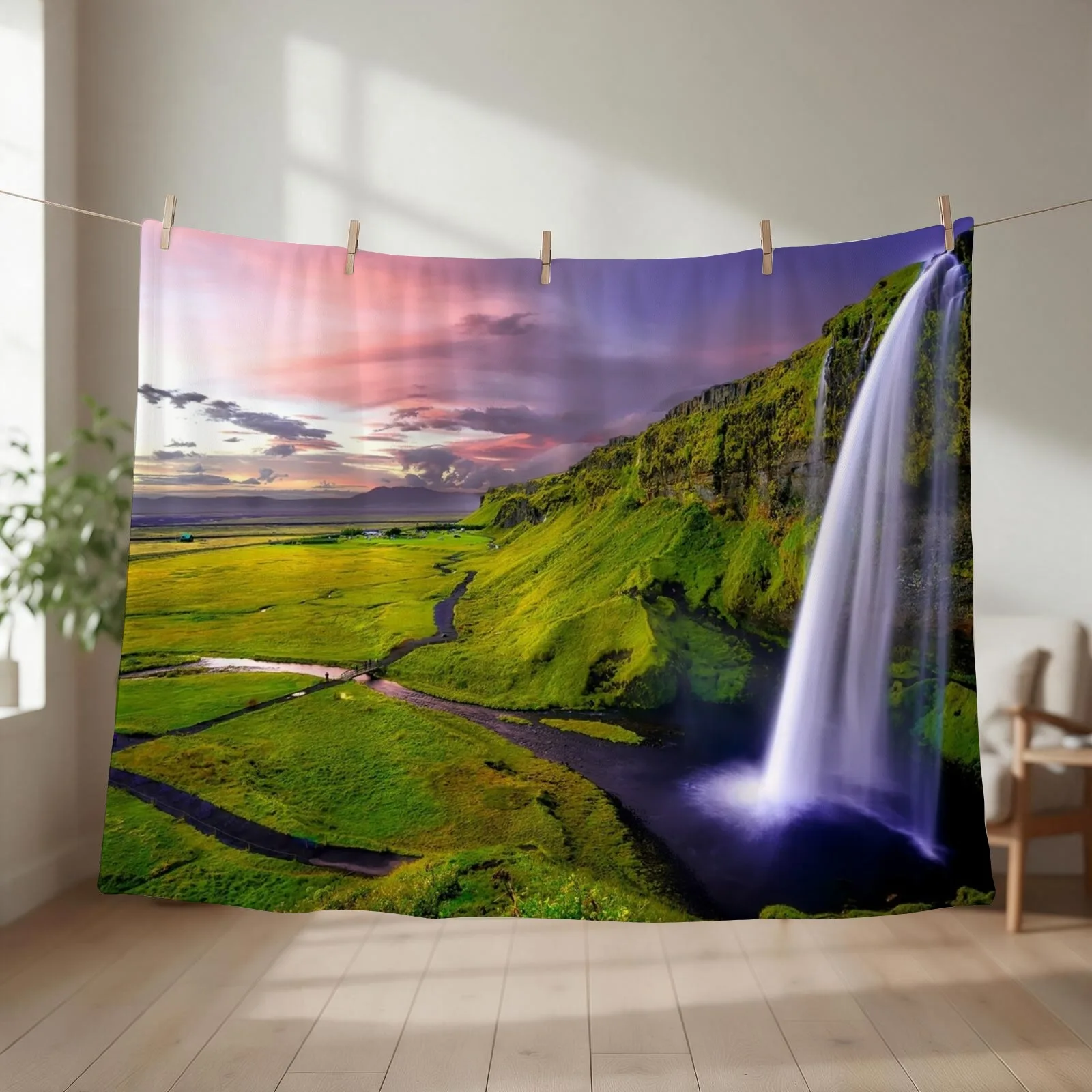 Iceland Seljalandsfoss waterfall and surrounding green cliff landscape nature color photograph Throw Blanket