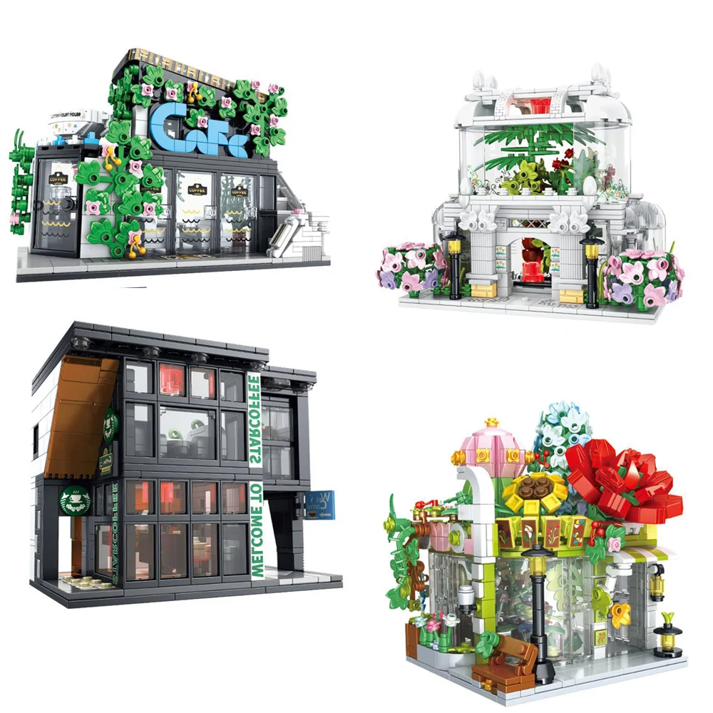 

Creative City Street View Cafe House Florist Building Block With Light Flower Cake Coffee Shop Bricks Streetscape Toys For Gifts