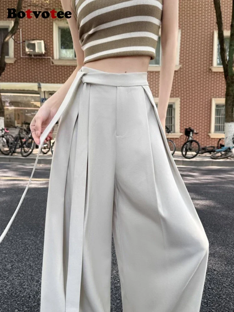 

Botvotee Elegant Office Suits Pants for Women with Sashes High Waisted Wide Leg Baggy Blazer Pants with Pocket Beige Black Khaki