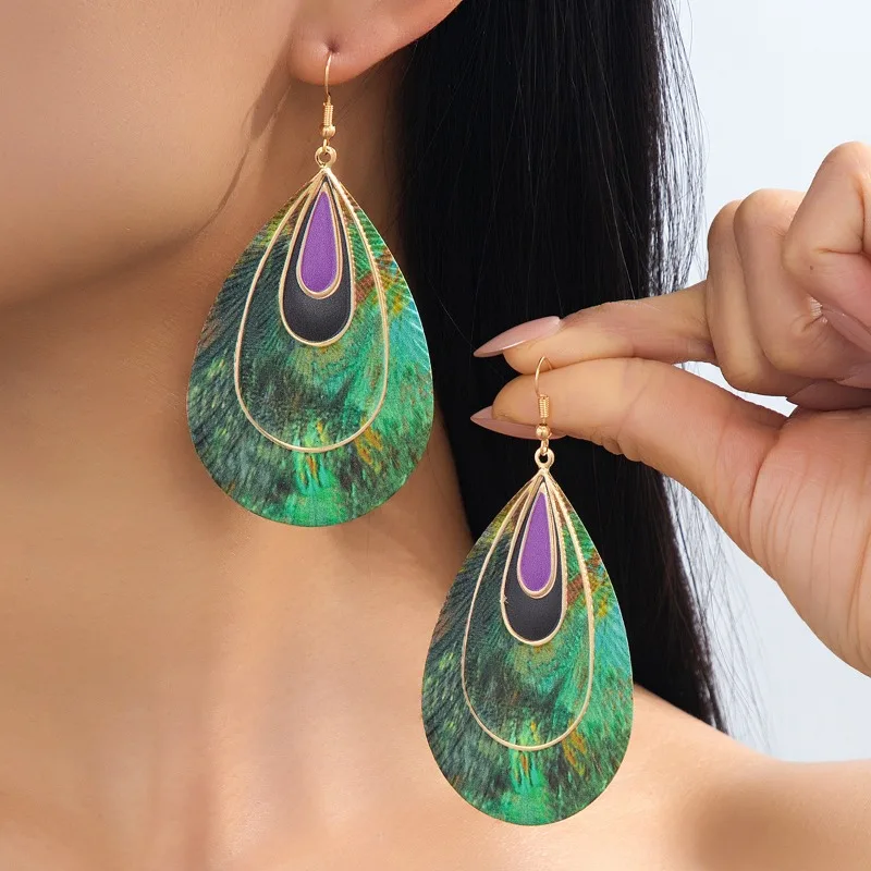 Pendientes para mujeres y niñas, accesorios personalizados con estampado de patrón de pavo real exagerado, accesorios para las orejas con forma de gota de agua, para fiesta callejera, OL CE320