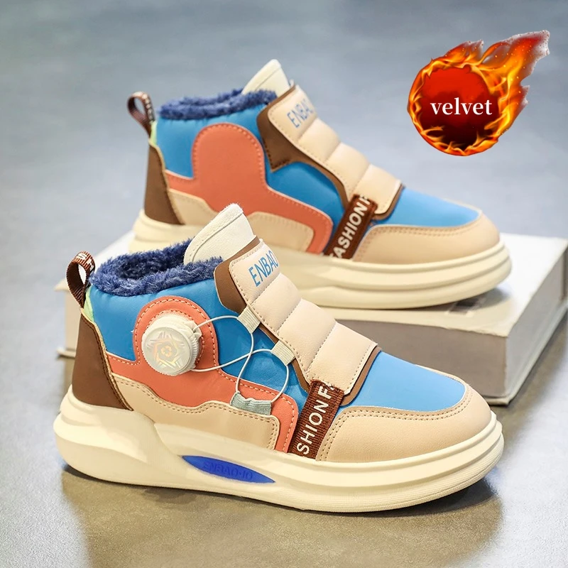 

Winter Plush Boots Kids Outdoor Warm Children's Snow Boots Fashion Knob Velvet Sneakers For Boys Girls High Top Skateboard Shoes