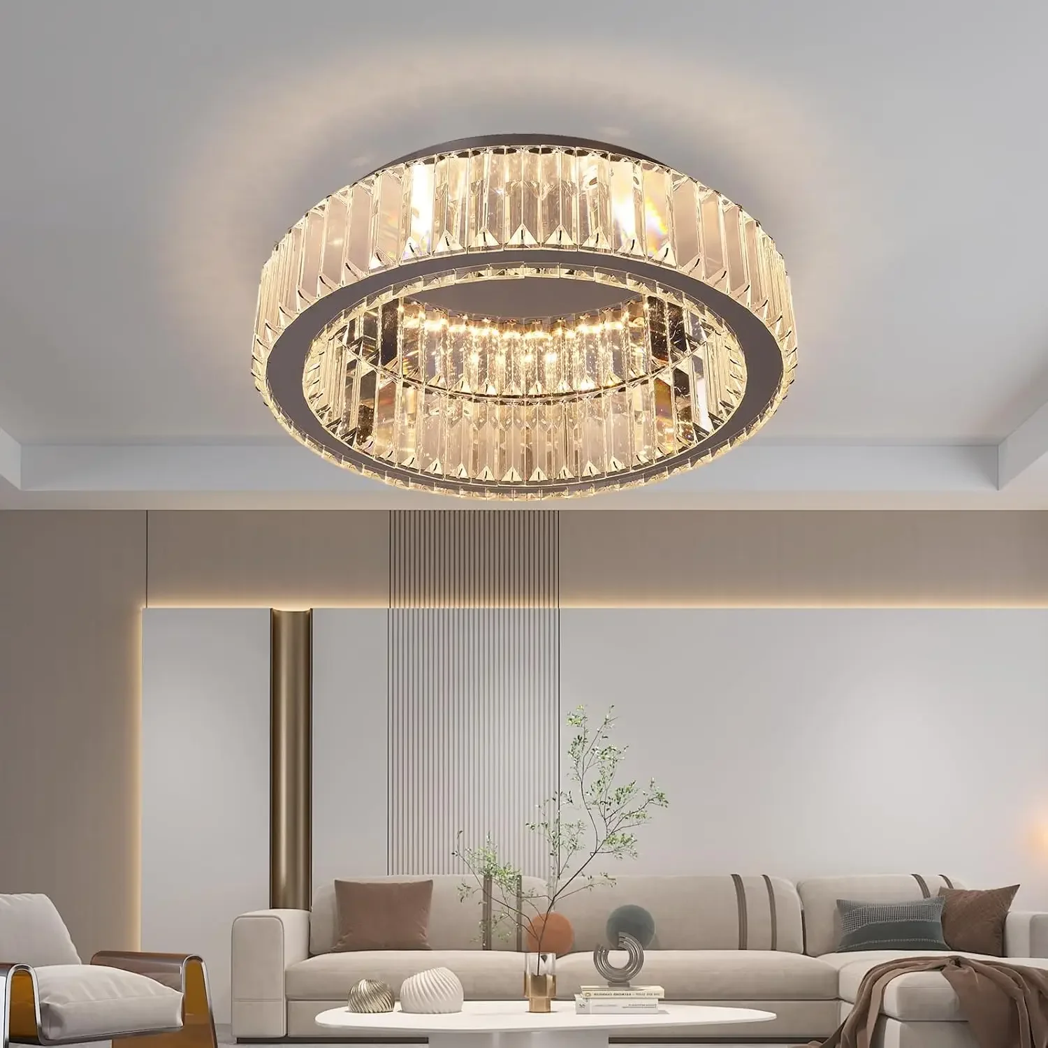 

Crystal Ceiling Light Chandelier, Modern Flush Mount Crystal LED Lighting Fixture, 3 Colors Ceiling Chandelier Lamp for Living R
