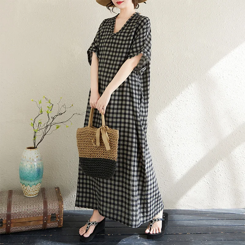 

Summer V-neck Cotton Lin Long Skirt Loose Fit Holiday Style Beach Dress Age Reduction Women's Fashion Large Size Robe