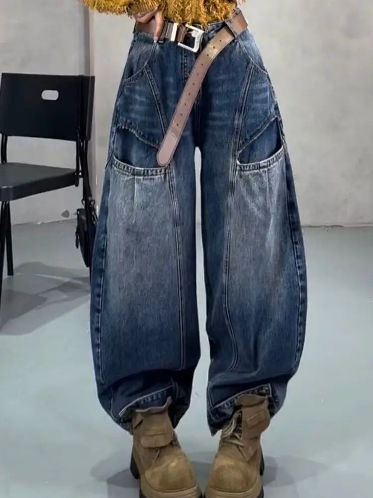 Otoño nuevo retro lavado patchwork jeans mujeres adelgazamiento cintura alta diseño suelto sentido curvo y pantalones de pierna ancha