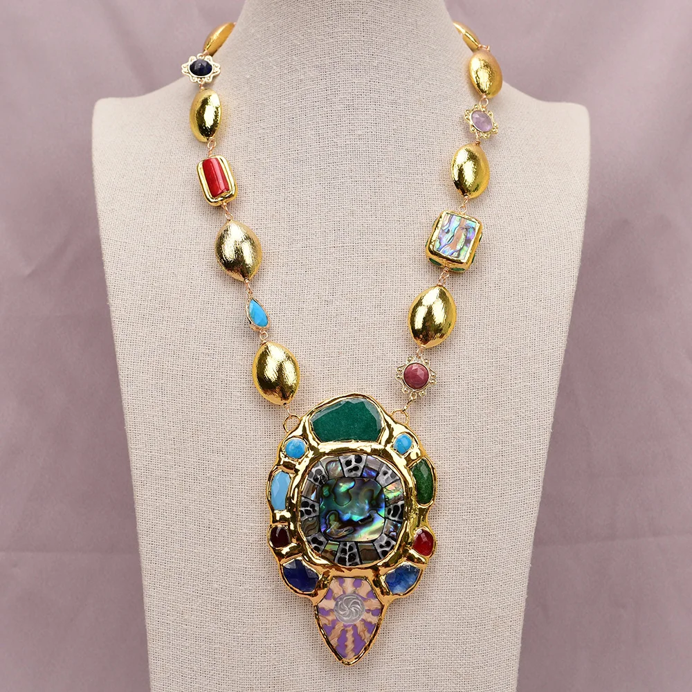 GG Multi Stone Red Coral Gold Plated Brushed Beads Necklace Big Gems Abalone Shell Pendant