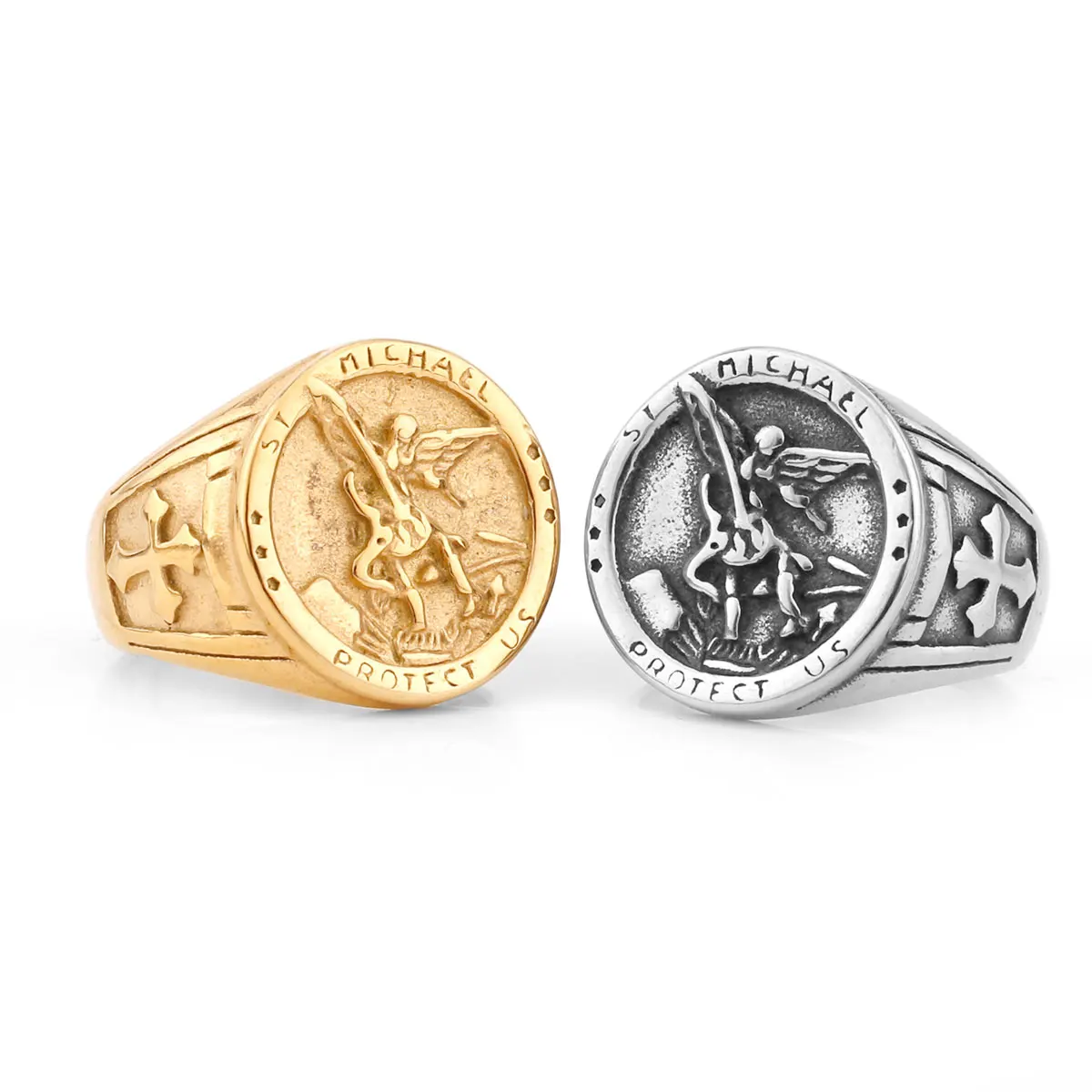 

Archangel Religion Amulet Cross Ring Gold Color Stainless Steel Mens Rings Punk for Male Boyfriend Biker Jewelry Creativity Gift
