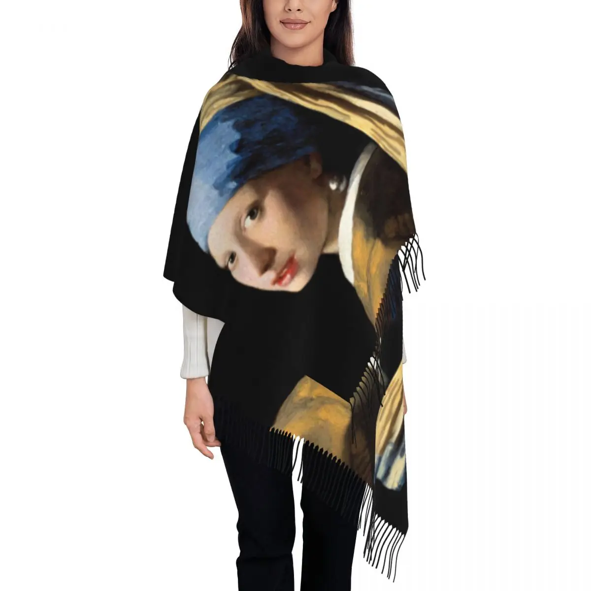 Custom Girl With A Pearl Earring Scarf Wrap Women Long Winter Fall Warm Tassel Shawl Unisex Vincent Van Gogh Painting Scarves