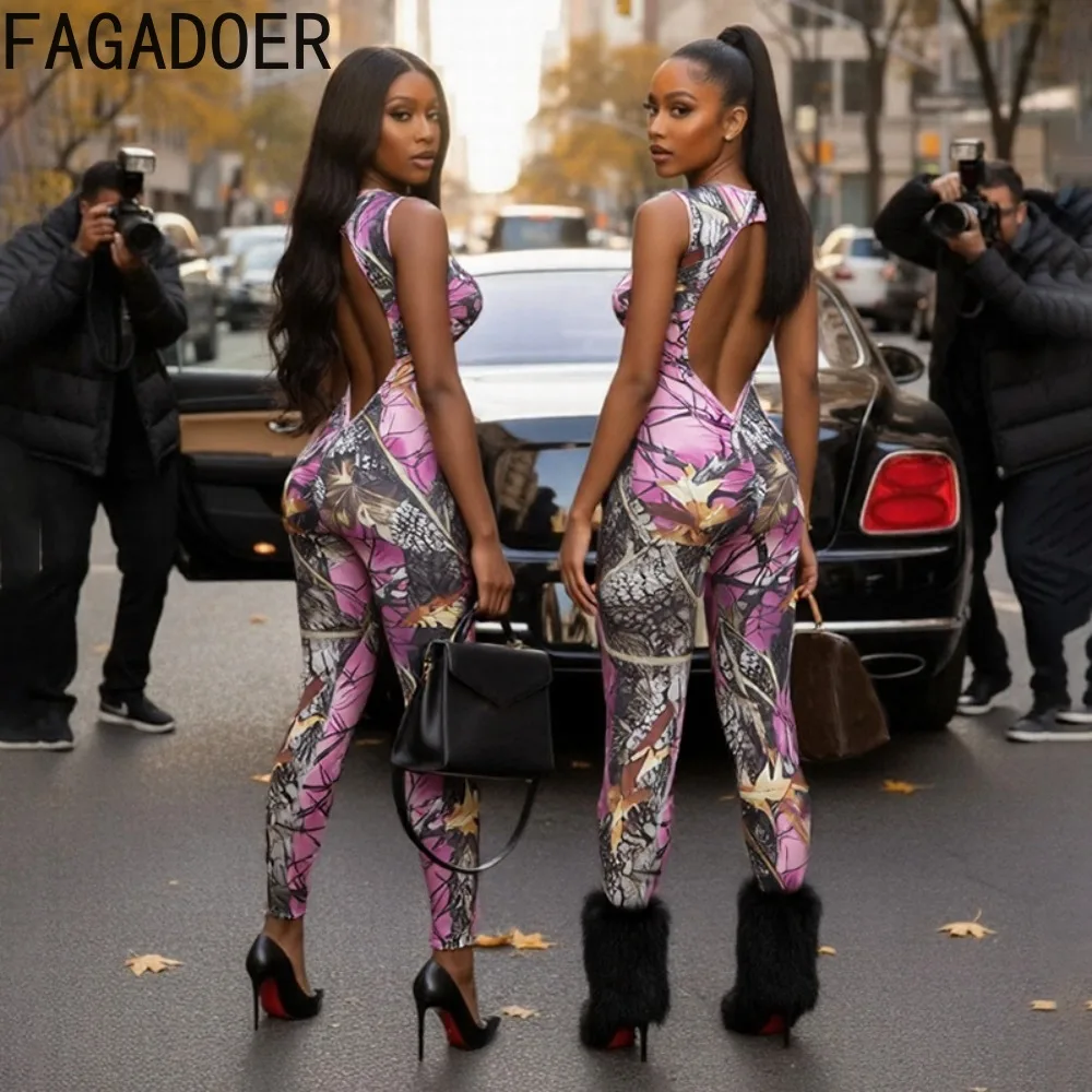 FAGADOER مثير نمط الطباعة Bodycon حللا للمرأة أكمام عارية الذراعين الجوف التدريجي ثوب فضفاض الإناث كلوبوير وزرة جديد #3