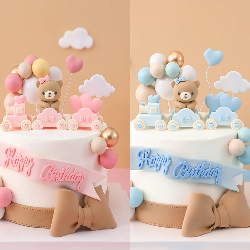 Pink Blue Bear Cake Topper Bear Doll Ornaments Cake Insert Birthday Cake Decoration Adult Birthday Gifts Wedding Cake Decorating