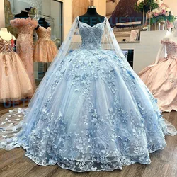 ANGELSBRIDEP Sky Blue Quinceanera Dresses 3D Handmade Butterfly Lace Appliqued With Cape Crystal Sweet 15 Vestidos De XV Años