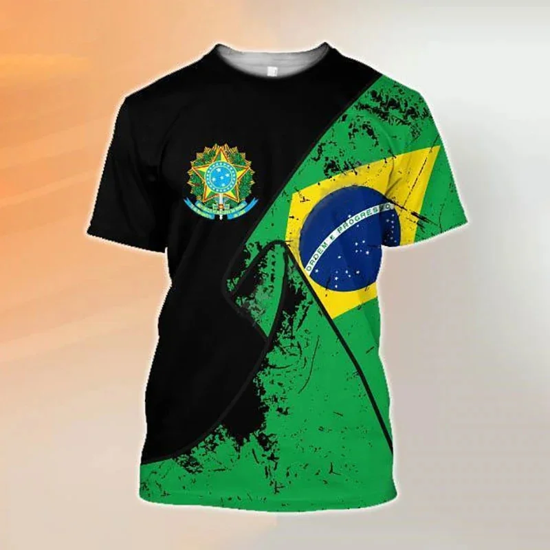 تي شيرت رجالي بعلم برازيلي مطبوع ثلاثي الأبعاد ، ملابس غير رسمية الشارع ، رقبة دائرية كبيرة الحجم ، ملابس رياضية ، موضة أطفال ، تصميم #1