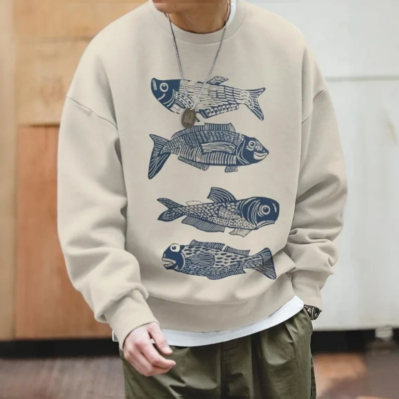 Cat Fish Pattern Hoodie For Men Ukiyo-E 3D Printed Sweatshirt Spring Autumn Long Sleeve Loose Tops Round Neck Hoodies Pullovers