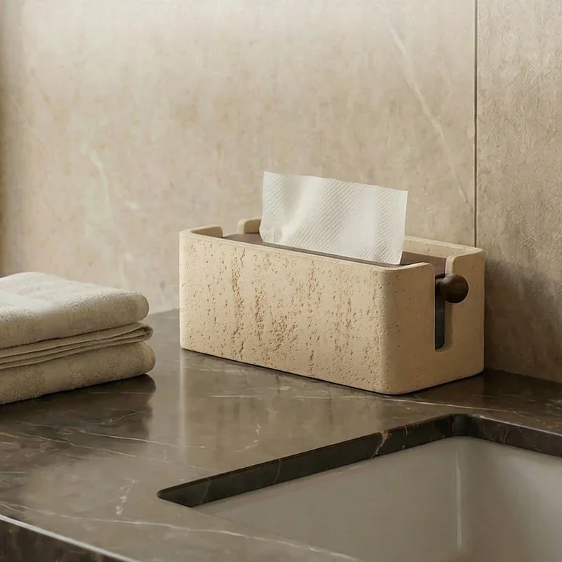 Luxury Travertine Tissue Box Cover, Recessed Lid Paper Towel Holder for Bathroom Sink, Creative Desk Napkin Organizer Home Decor