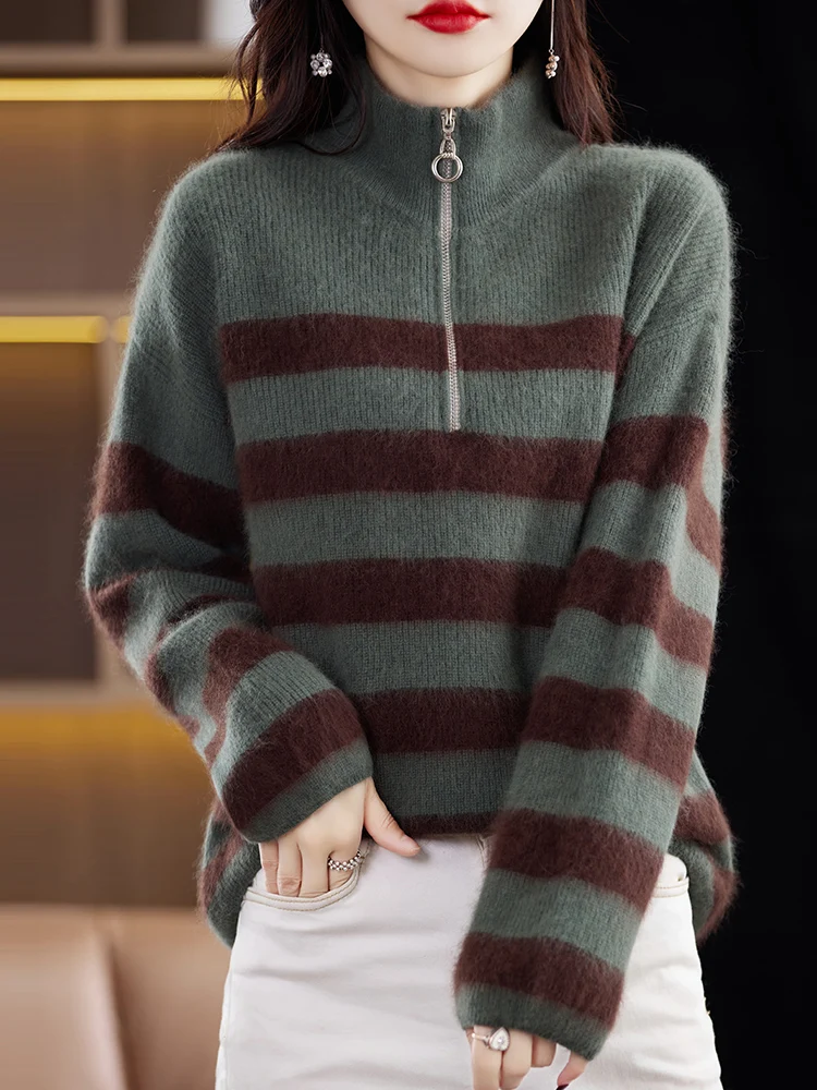 

CHICUU Women Autumn Winter Striped Sweater Zippers Turtleneck Pullover 100% Mink Cashmere Knitwear Thick Casual Clothing Tops