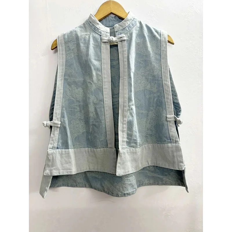 

New Chinese-style Denim Jacquard Jacket Women's Spring Summer Stand-up Collar Splicing National Style Buckle Jeans Vest Outside